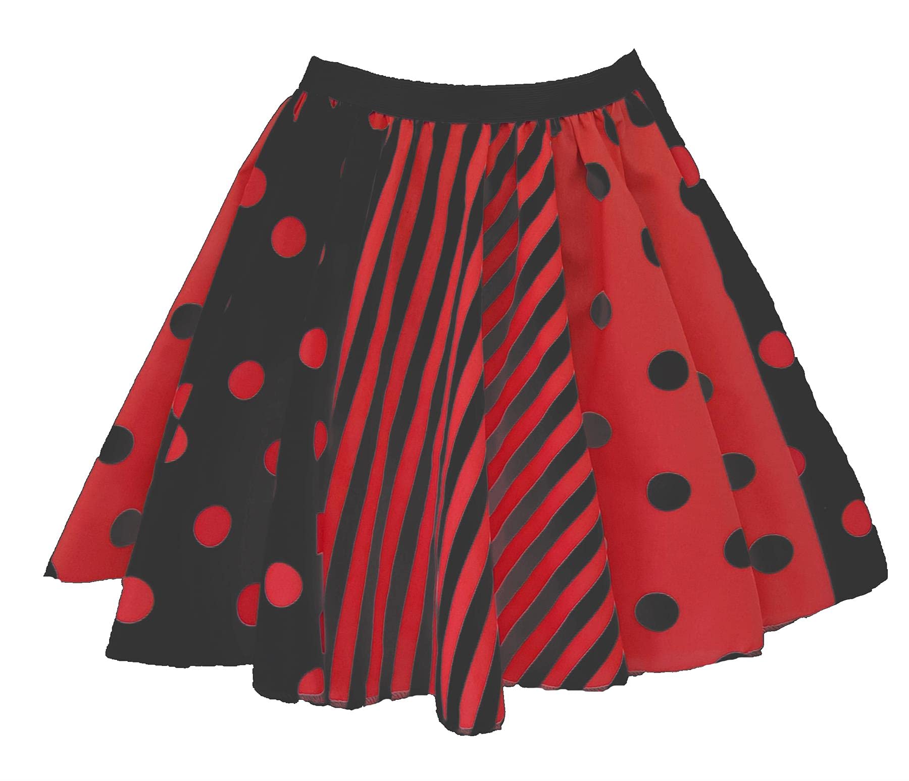The Dragons Den Adults 15" Length Polka Dot Spot Striped Clown Harlequin Skater Skirt Halloween Horror Circus Fancy Dress [Red & Black - L-XL] — image 1