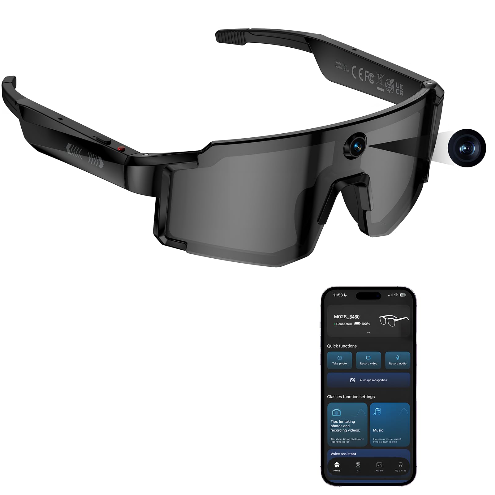 Occhiali con Telecamera 8MP, Smart Glasses AI per Ciclismo e Sport | Chiamate Bluetooth & WIFI, Traduzione AI in Tempo Reale, Riconoscimento di Oggetti, Protezione UV400