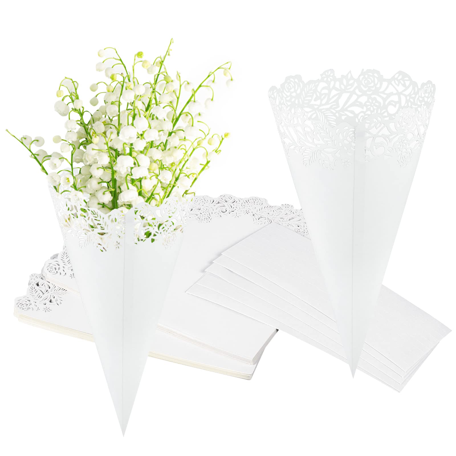 Weinsamkeit 50 PCS Conos de Cartulinas de Papel, Conos de Arroz de Rosa Blancas, impresión Floral ahuecada Cono para arroz, Caja para Boda, compleann, Bautizo, comunión, Nacimiento, Graduación