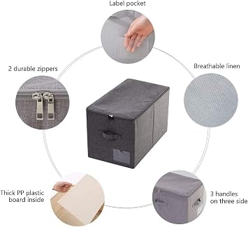 60L Extra Large Size Folding Storage Boxes, 3-Side Zip Lid & 2 Handles, Label Pocket, Good for Store Blankets Duvets Down Jackets, Beddings, Black Gray