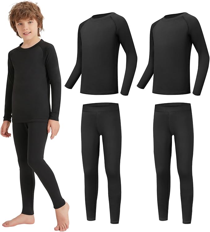 AMZSPORT Kids Thermal Base Layer Set Fleece Lined Underwear Top &amp; Pants for Winter Sports,1/2 Pack