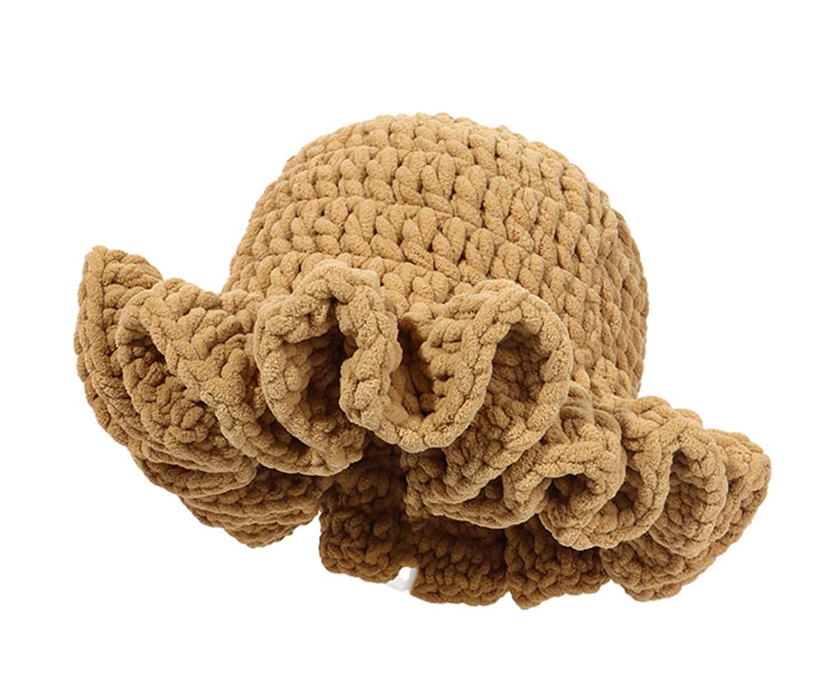 Crochet Ruffle Bucket Hats for Women Ruffled Brim Knit Fisher Hat Khaki