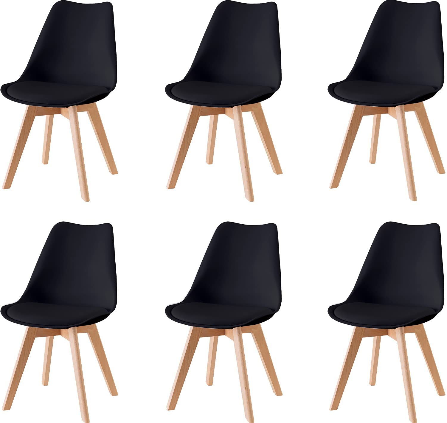 Baroni Home Sedia da Pranzo o Ufficio con Gambe in Legno, Sedia Ergonomica con Cuscino Integrato 57X48X79 cm (6, Nero)