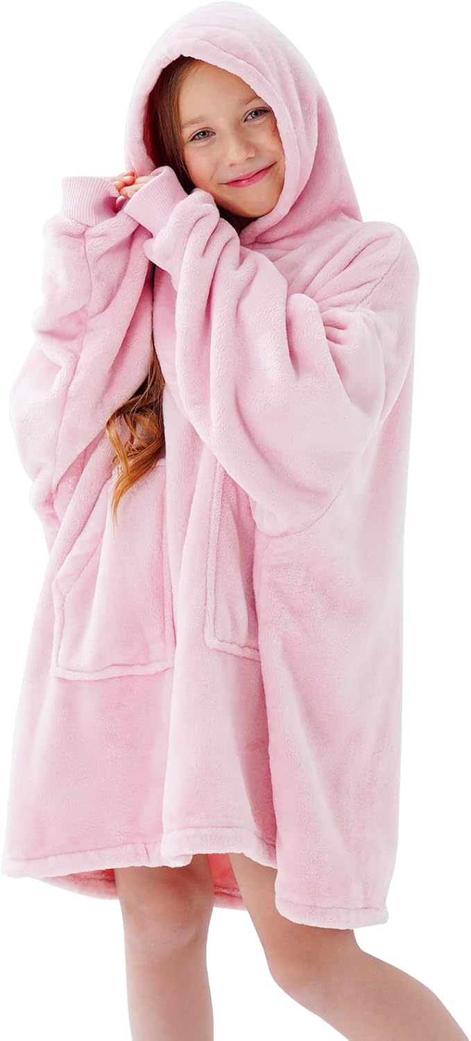 Aemicion Wearable Blanket Hoodie for Kids Super Soft Warm Oversized Hooded Blanket Sweatshirt Hoodie Blanket for Boys Girls (Light pink) - Image 6