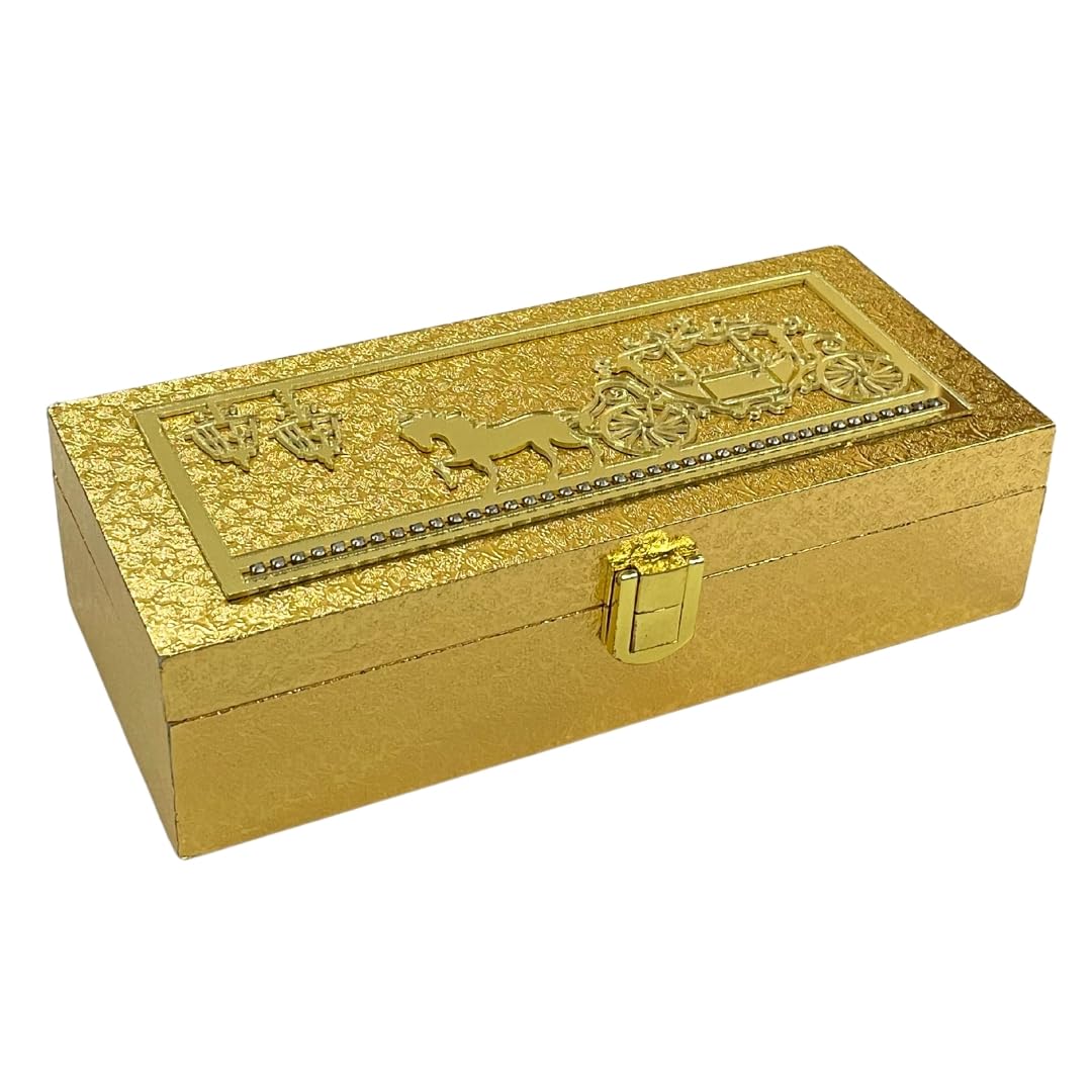 Vanya Creations Decorative Shagun Cash Box for Gifting Money 2 Gaddi, Jewellery, Gifting Sagan Wedding Occasion, Golden Color, Set of 1, Horse Chariot Acrylic Design Rectangle Shape-image-14