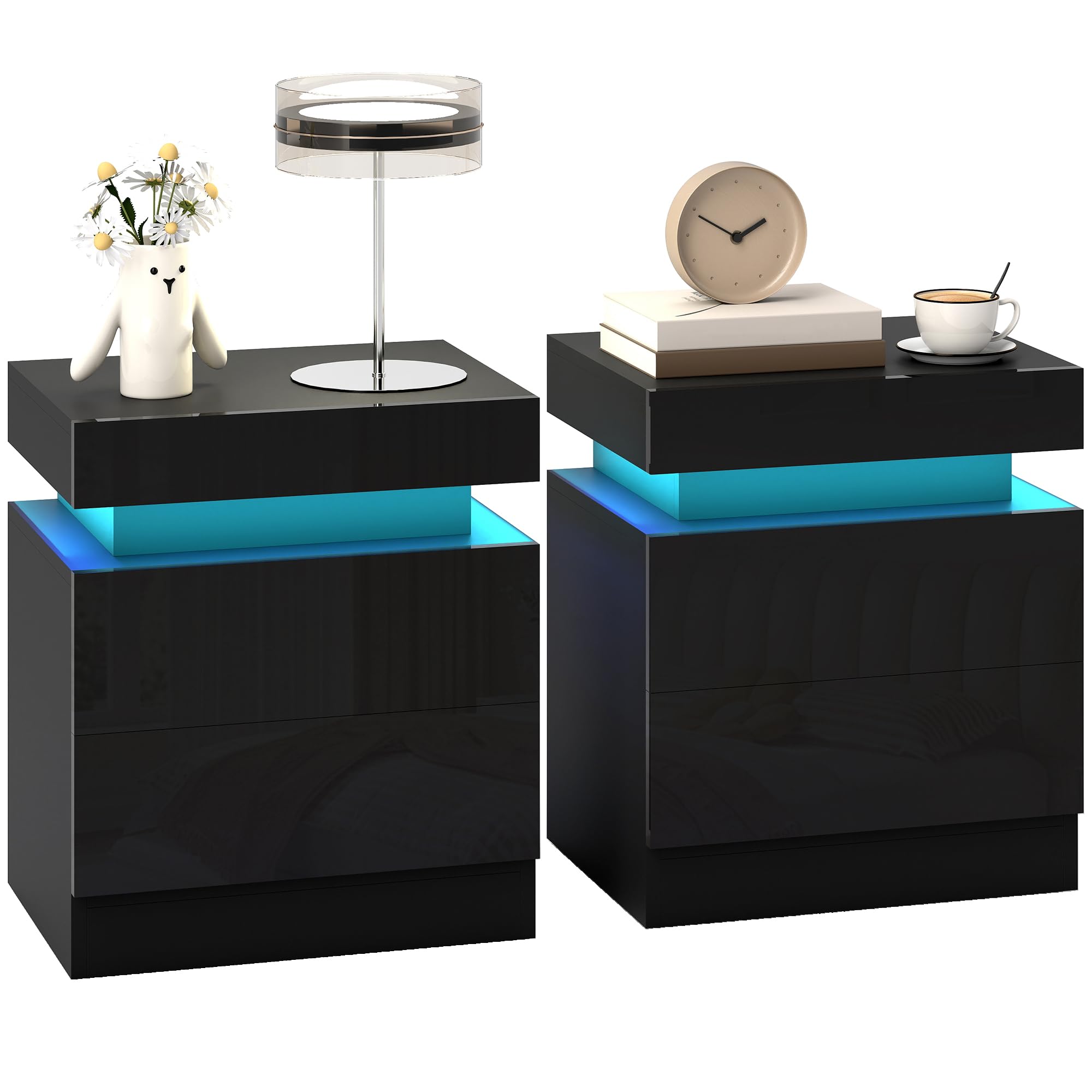 HOMCOM Set di 2 Comodini Camera da Letto con LED 45x35x52 cm Nero Lucido | 16 Colori, 4 Modalità, Coppia di Comodino Salvaspazio, 2 Cassetti, Tavolini per Camera da Letto