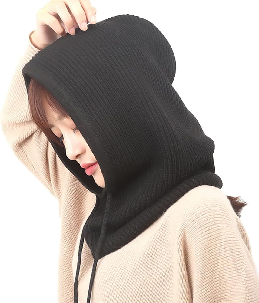 Winter Hats for Women, Wool Blend Hooded Scarf Hat for Women Men Beanie Skull Cap with Drawstring Warm Winter Hats Black