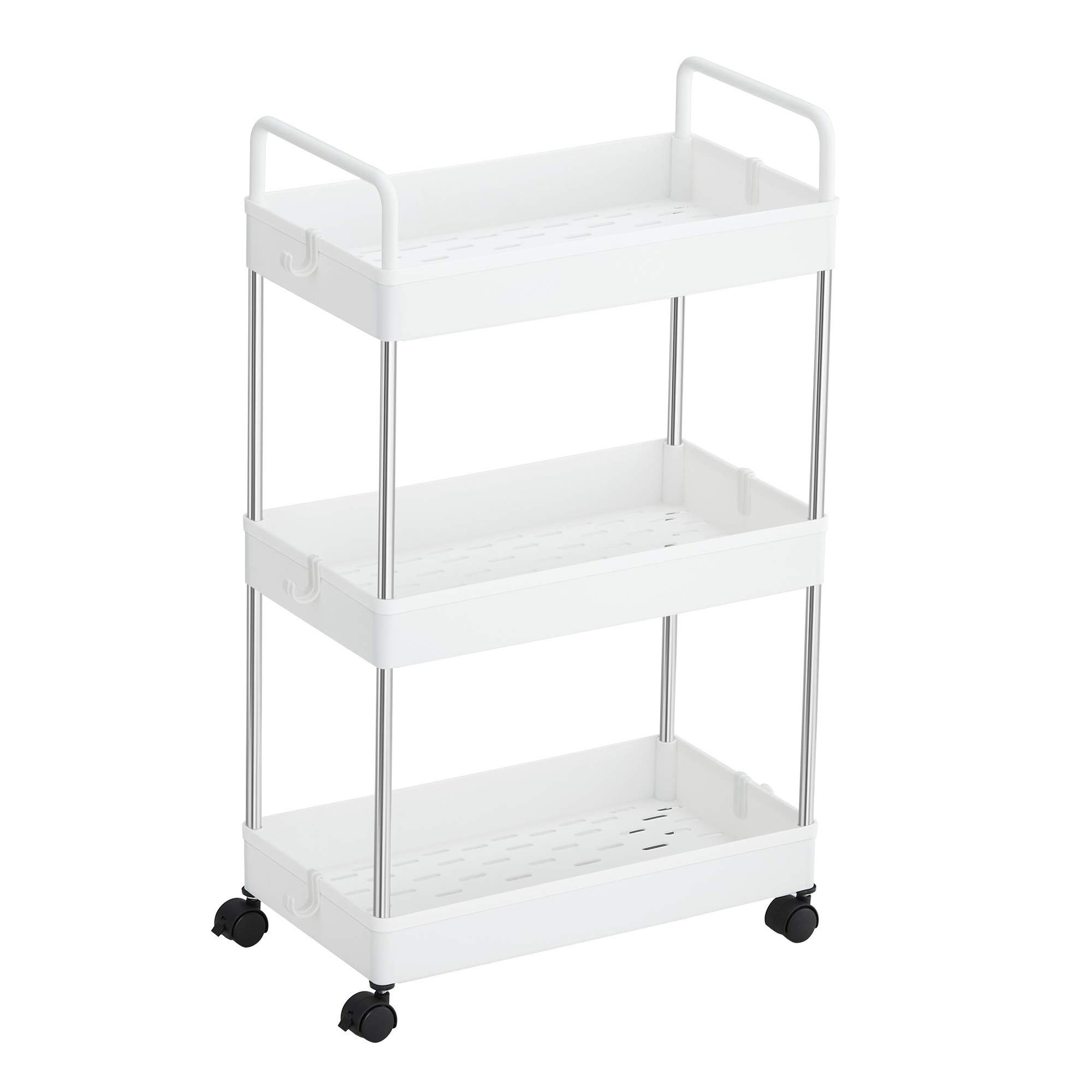 SONGMICS Rolling Cart, 3-Tier Storage Cart, Slide-Out Rolling Carts with Wheels and Handles, for Kitchen Bathroom Salon, 15.7 x 8.7 x 26.4 Inches, White UKSC019W01