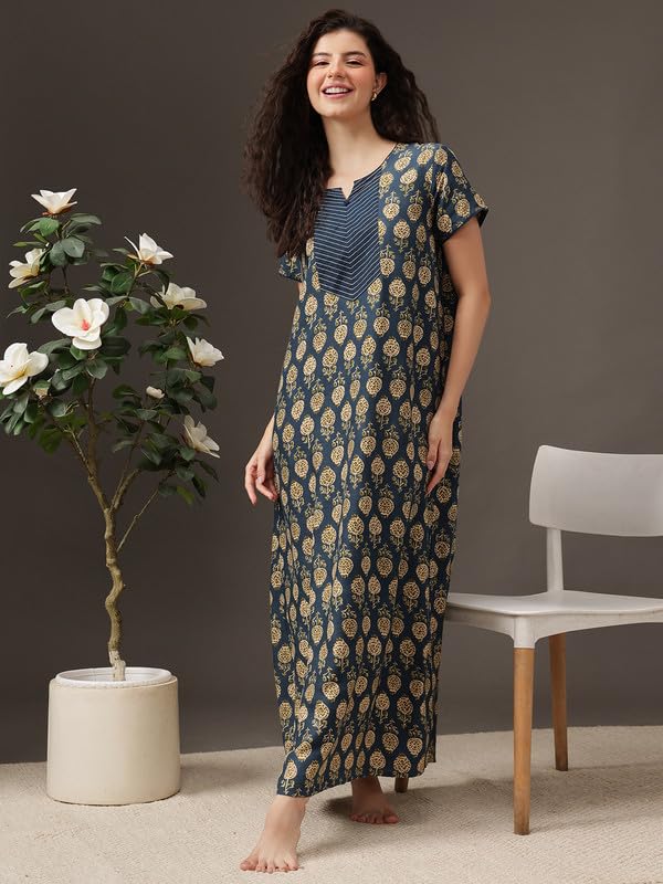 Image of Clovia Women's Rayon Long Nighty in Navy Blue