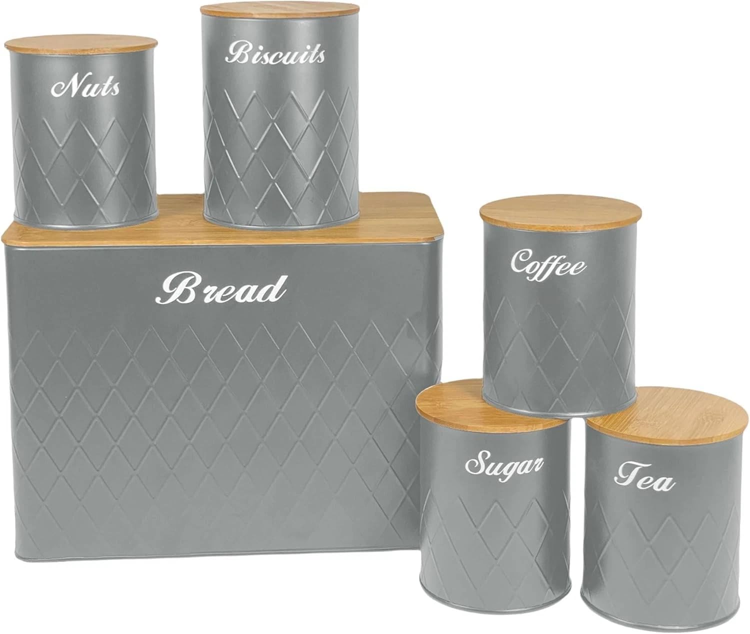 SG Traders 6pc Kitchen Storage Set with Airtight Bamboo Lids Includes Tea Coffee Sugar Nuts with Matching Biscuit Barrel Canister Jar & Stylish Bread Bin – Diamond Embossed Design Matt Finish (Grey)