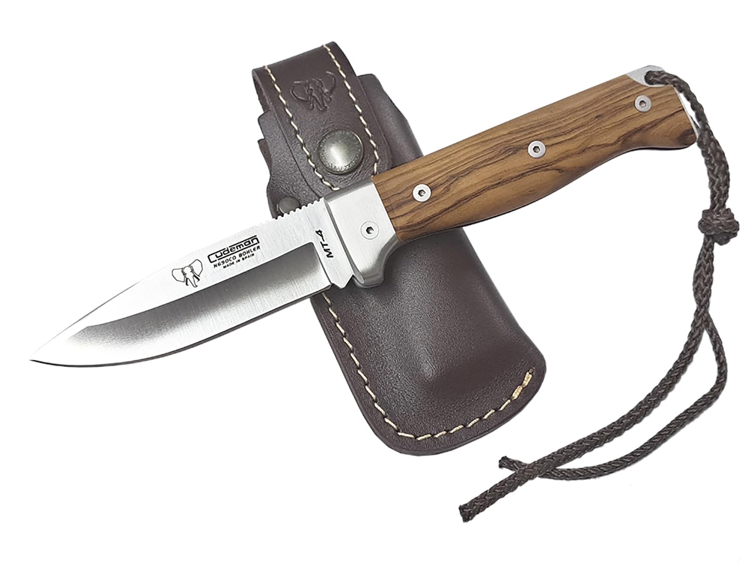 Navaja CUDEMAN MT-4 Plegable Hoja 10 cm. Acero Bohler N690CO Olivo Satinado, Caza 384-LF con Funda de Cuero + Tarjeta Multiusos de Regalo