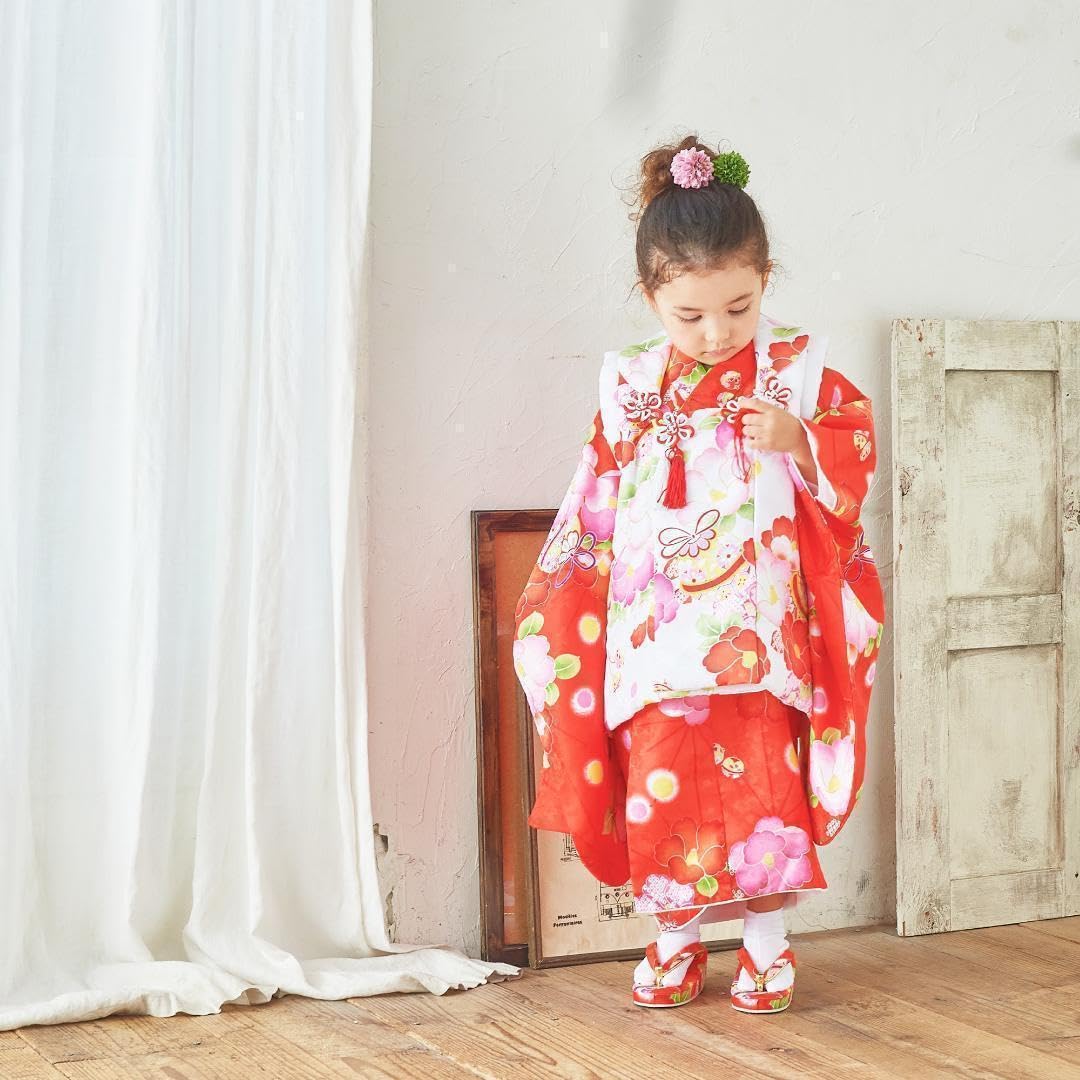 Amazon.co.jp: 女の子 七五三 3歳 被布 着物 フルセット 椿 毬