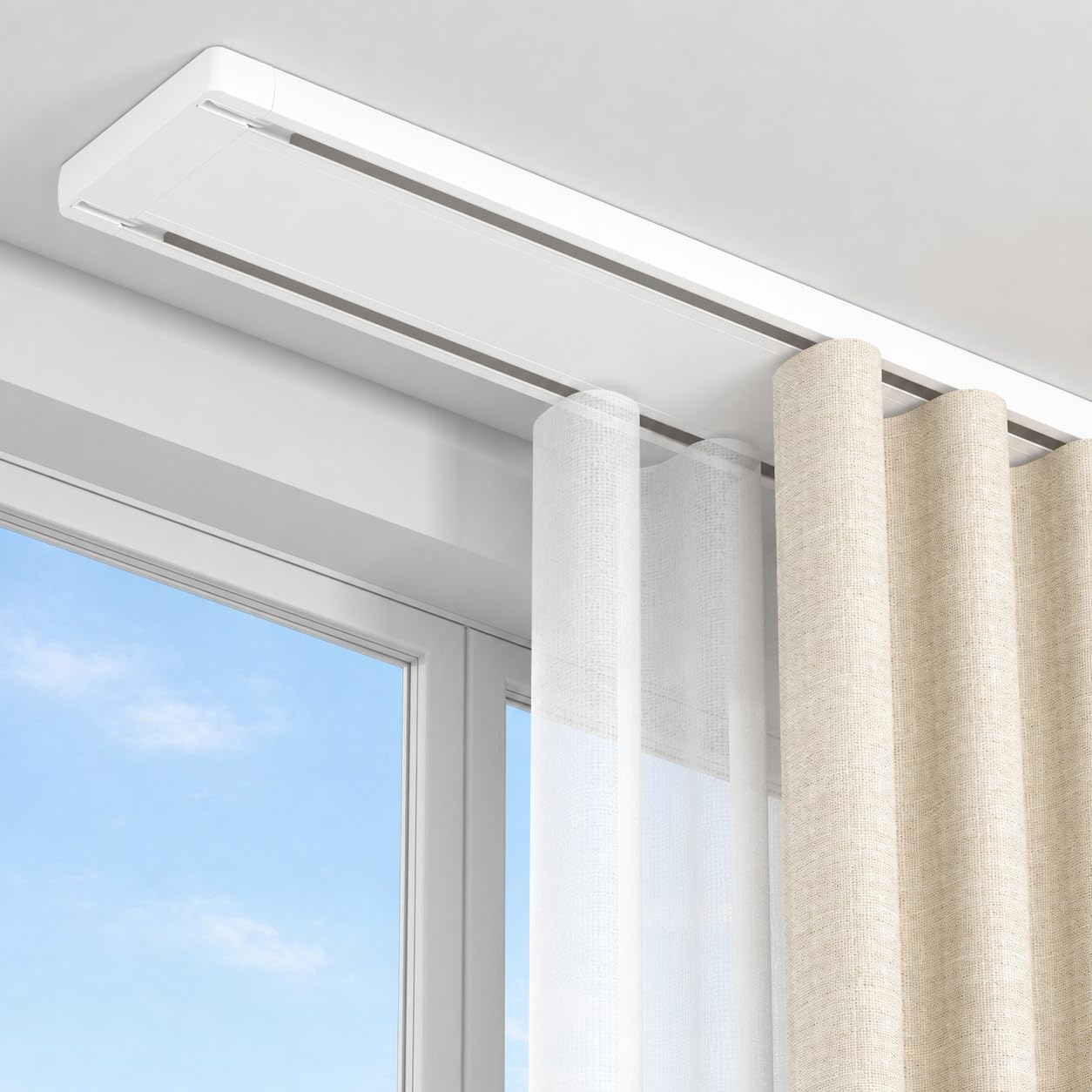 PeSenp Double Curtain Track Ceiling Mounted,Aluminum Heavy Duty Curtain Rail With Silent Rollers,Ceiling Curtain Tracks and Fittings for Living Room,Bedroom,Easy Installation (White, 2.7m)