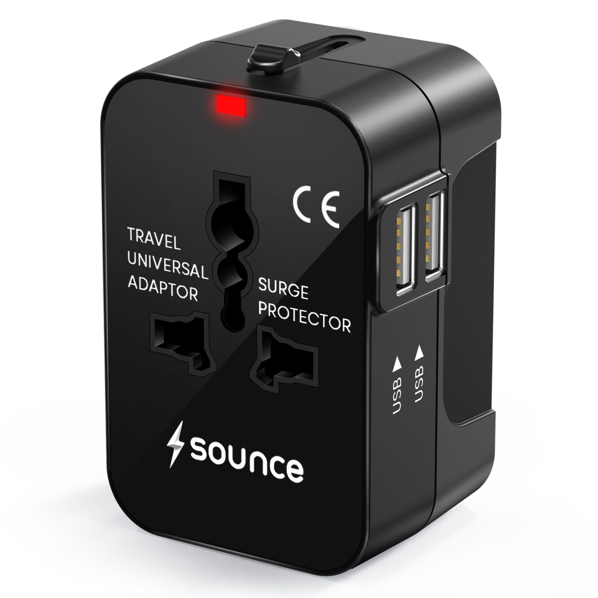 Sounce WorldMate Universal Travel Adapter with Dual USB Outlets, Global Plug Support, Fast Charging System, Safety Fuse and Compact Lightweight Body for Reliable International World Travel Use(Black)