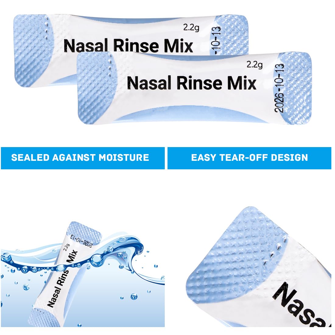 Neti Pot Lot de 60 sachets de sel de rinçage nasal pour douche nasale pour adultes et enfants (2,2 g)