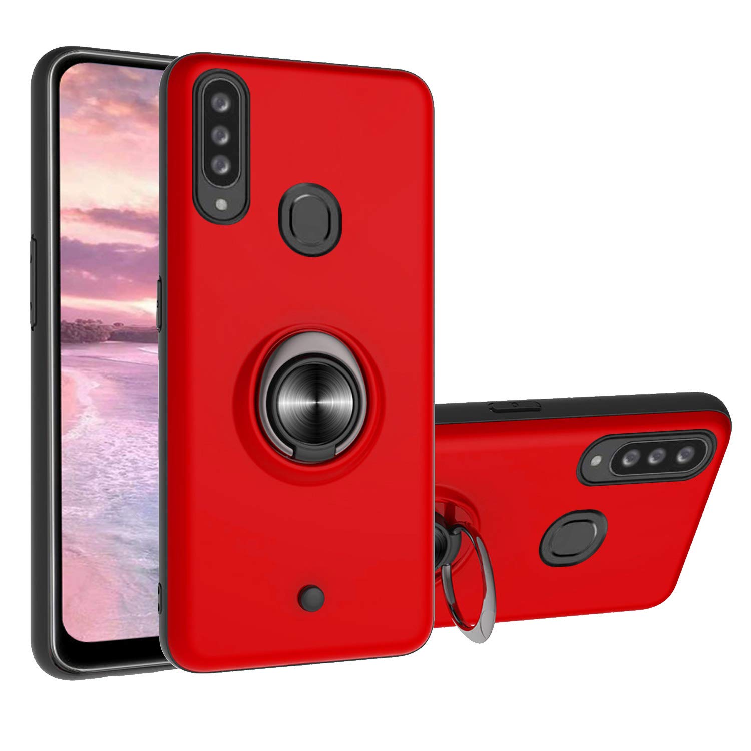 Phone Case for Samsung Galaxy A20S (Not Fit A20/A20E) Dual Layer Shockproof Hard Cover and 360 Rotating Ring Kickstand Magnetic Car Mount Function Cover and Decompression Button -Red