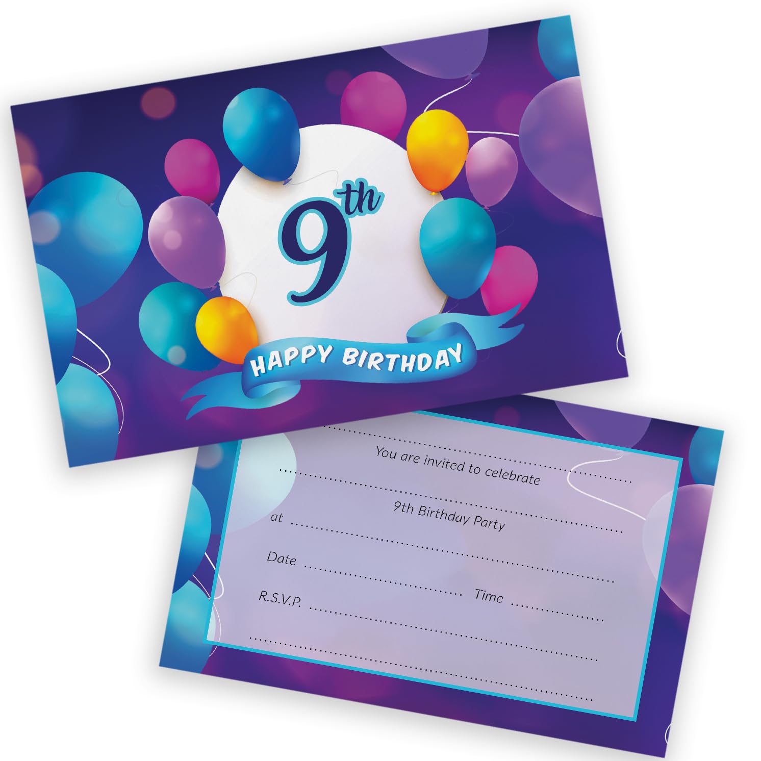 9th Birthday Party Invitations Kids - Happy Balloons 28 Pack - Childrens Birthday Invitations for Boys/Girls A6 Bday Party Invites Invitation Cards with Folding Envelopes