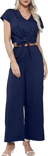 Gardenwed Women's Two Piece Outfit Set, Short Sleeve V-Neck Crop Top with Tie Front and Wide Leg Pants Casual Summer Set with Pockets Darkblue