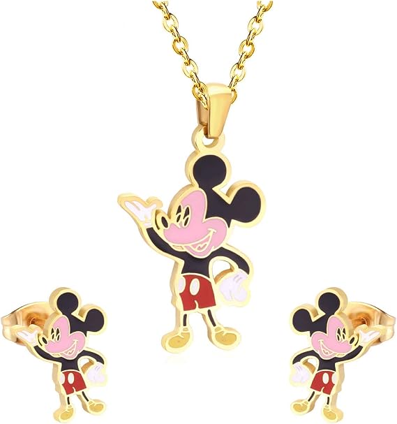 Mickey Mouse Necklace and Earrings Gold Stainless Steel