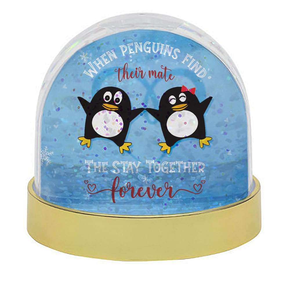 Valentine's Day Gift, When Penguins Find Their Mate Gift, Anniversary, Wedding Gifts, Snow Globe Dome Glitter Shaker. (Gold)