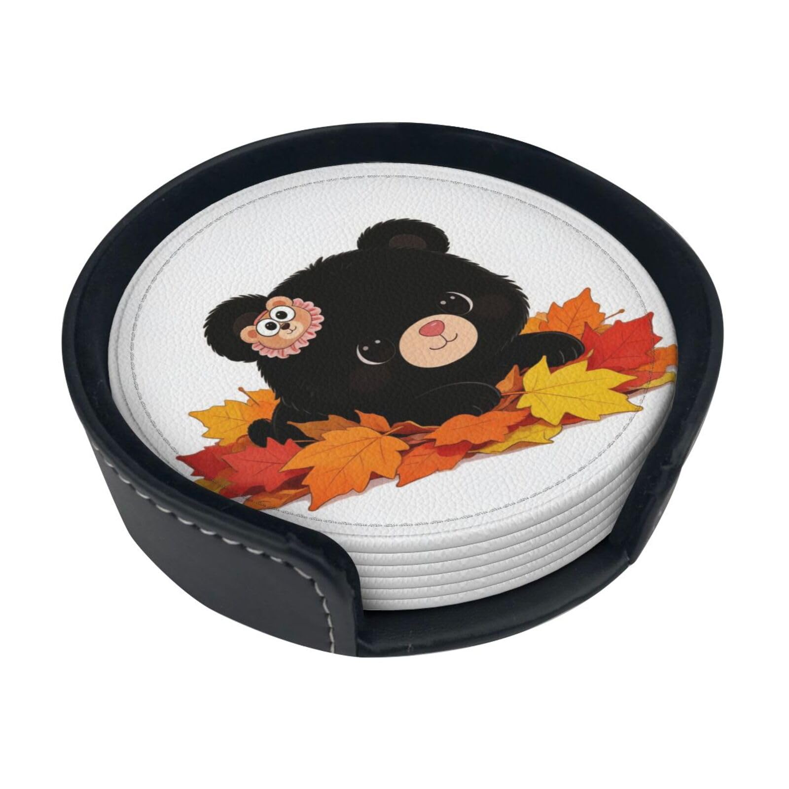 Black Bear Leather Coasters-Set of 6 with Storage Holder