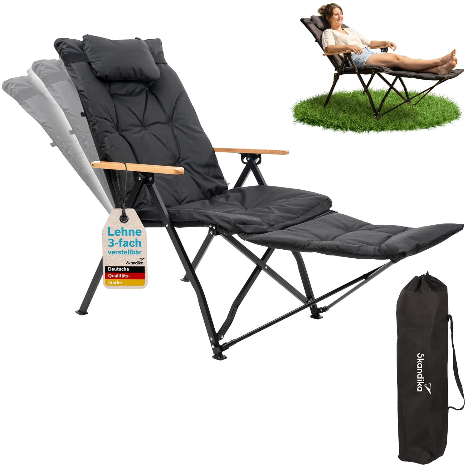 Skandika Campingstuhl Nojata Plus | Hochlehner faltbar, mit Fußablage & Kissen, 3-Fach verstellbare Rückenlehne, 120 kg belastbar | Stuhl klappbar, Klappstuhl für Camping, Garten, Festival, Balkon