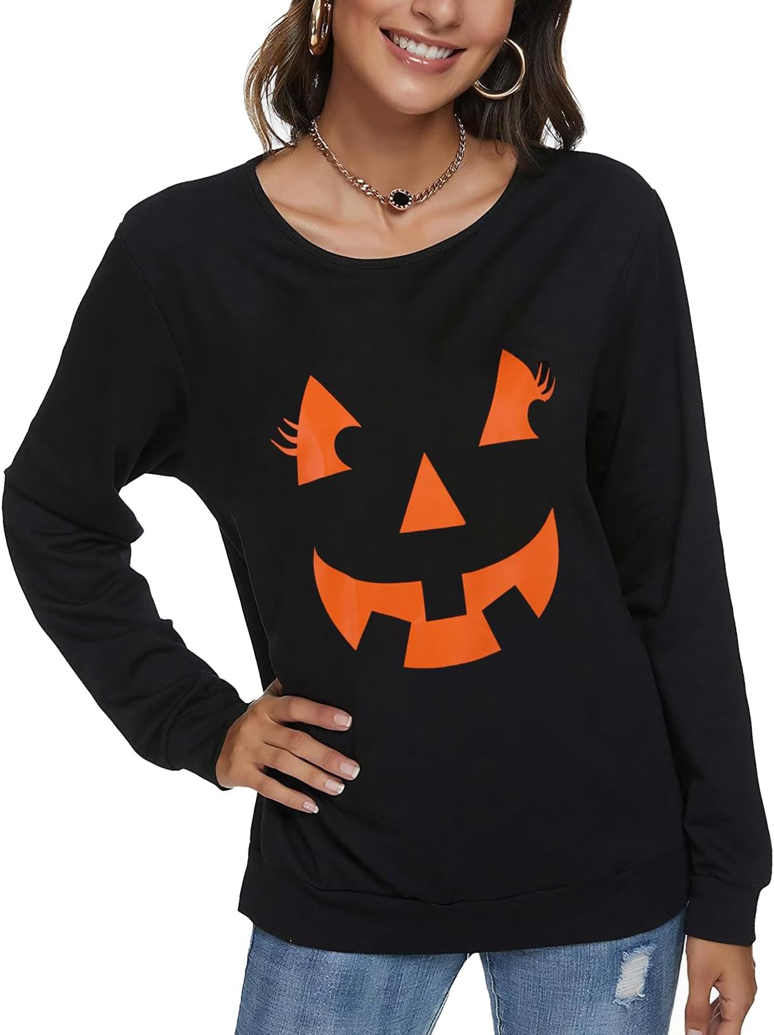 Women Halloween Sweatshirts Pumpkin Face Dancing Skeleton Shirt Long Sleeve Sweater Funny Graphic Pullover - Image 4