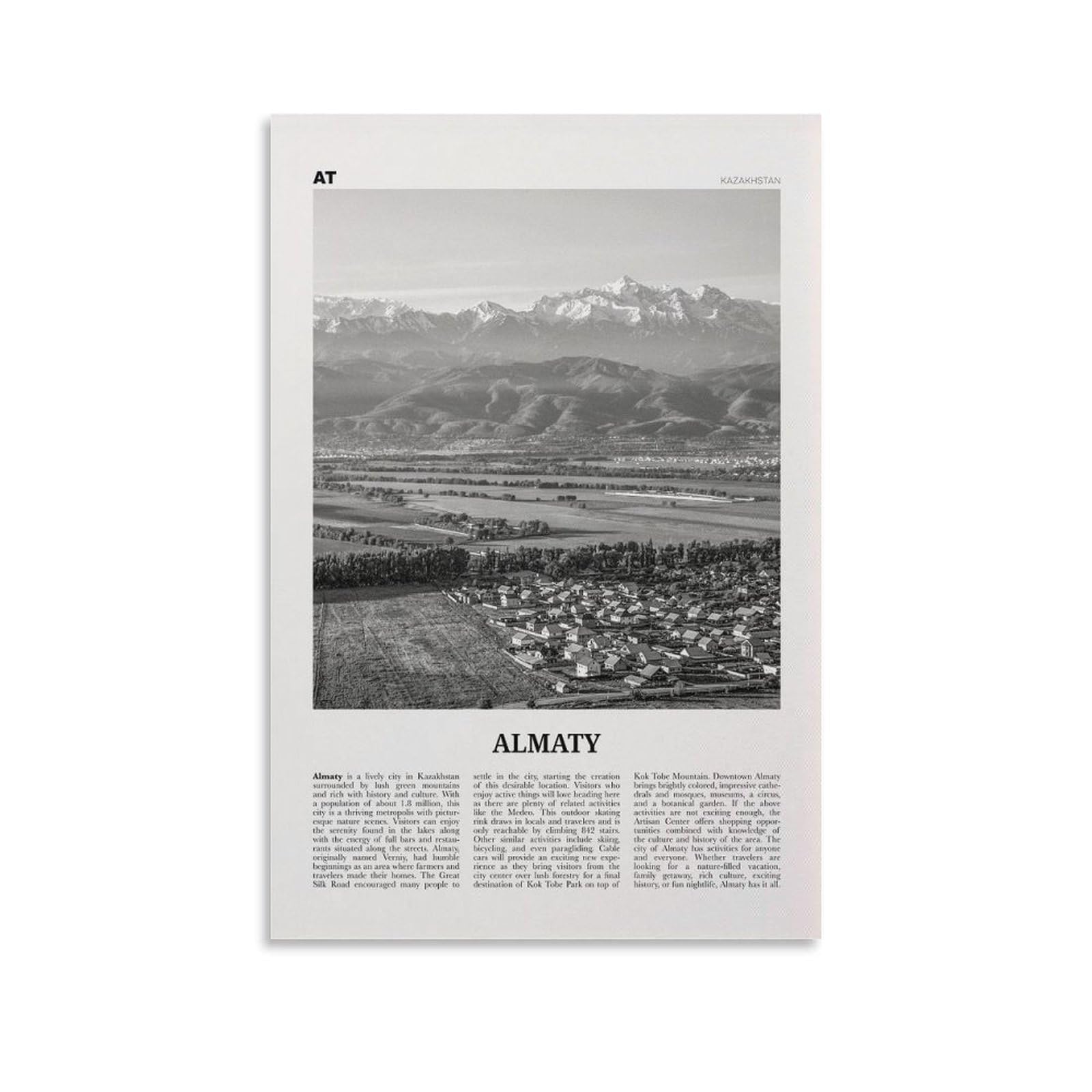 LZTEN Almaty Print Black And White, Almaty Wall Art, Almaty Poster, Almaty Photo, Almaty Map, Almaty Wall Decor, Kazakhstan Canvas Wall Art Poster Unframed