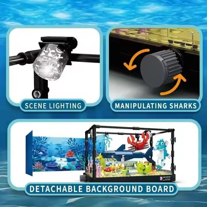 Image of SKY LINE OCEAN 755 pcs Aquarium Fish Tank Building Block Set with LED Lights, Rotatable Knob, Shark & Marine Life Toy for Kids Adults | 6 Months Structural Warranty