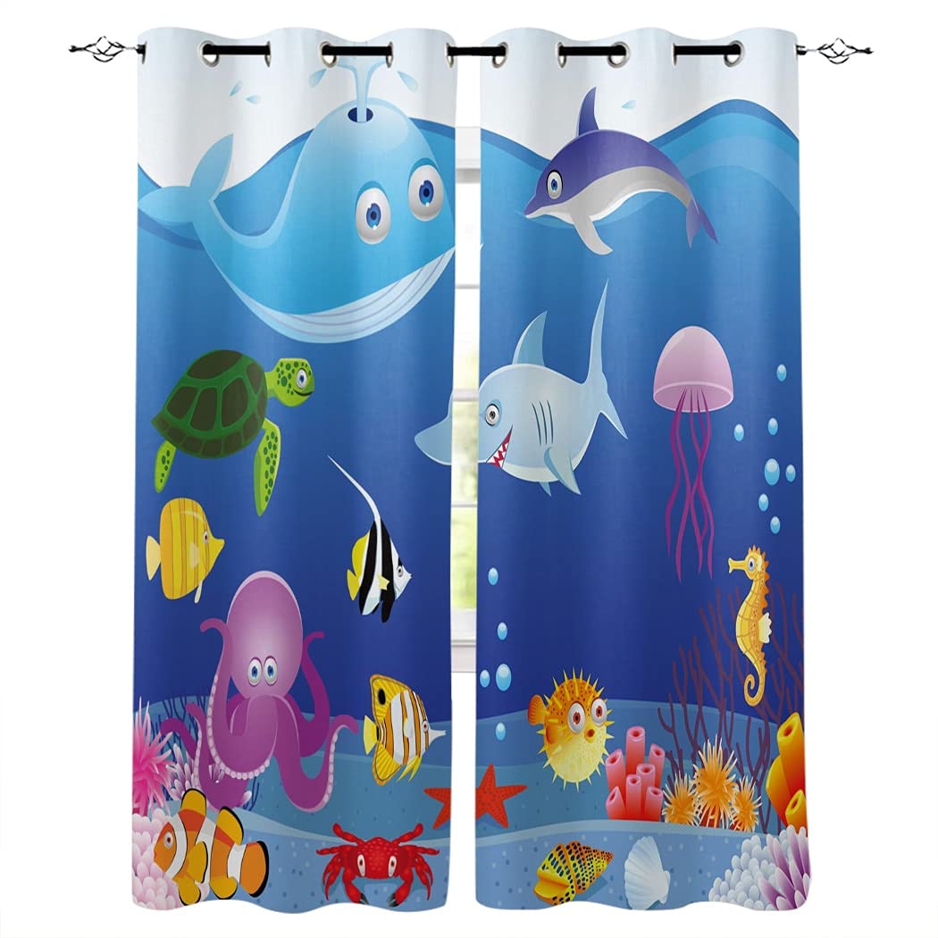 Eyelet 3D Blackout Curtains Sea Whale Dolphin Tortoise Jellyfish Coral 220(W)X215( H) Cm Thermal Insulated Room Darkening Curtains For Plain Room Darkening Nursery Bedroom Windows Treatment/Uv Protec