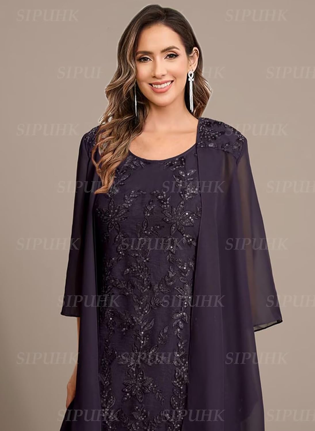 SIPUHK 2 Pieces Mother of The Bride Dresses for Wedding Long Sleeve Sparkly Applique Formal Dresses for Women Wedding Guest