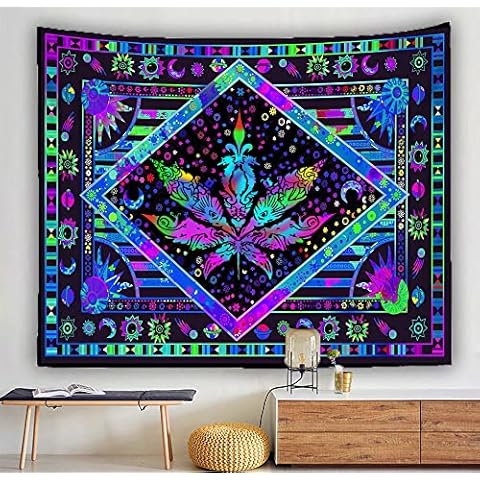 Trippy Hippie Sun Moon Weed Tapestry Tarot Psychedelic Fantasy Boho Witchcraft Tapestry Wall Hanging Bohemian Aesthetic Wall Art UV Blacklight Tapestry for Bedroom Living Room Dorm Decor 60"W x 40"H Cover