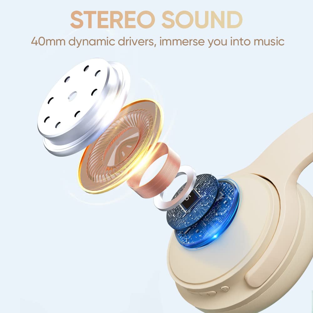 Auriculares On-Ear Bluetooth 5.3 inalámbricos/con cable｜30h batería&carga rápida｜Llamadas HD,cancelación de ruido｜158g plegables｜Para gaming/oficina/estudio｜Compatibles con iOS/Android/PC,Beig