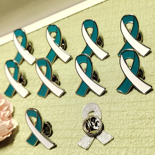 Image of Teal & White Ribbon Pins Cervical Cancer Awareness Enamel lapel Brooch (100)
