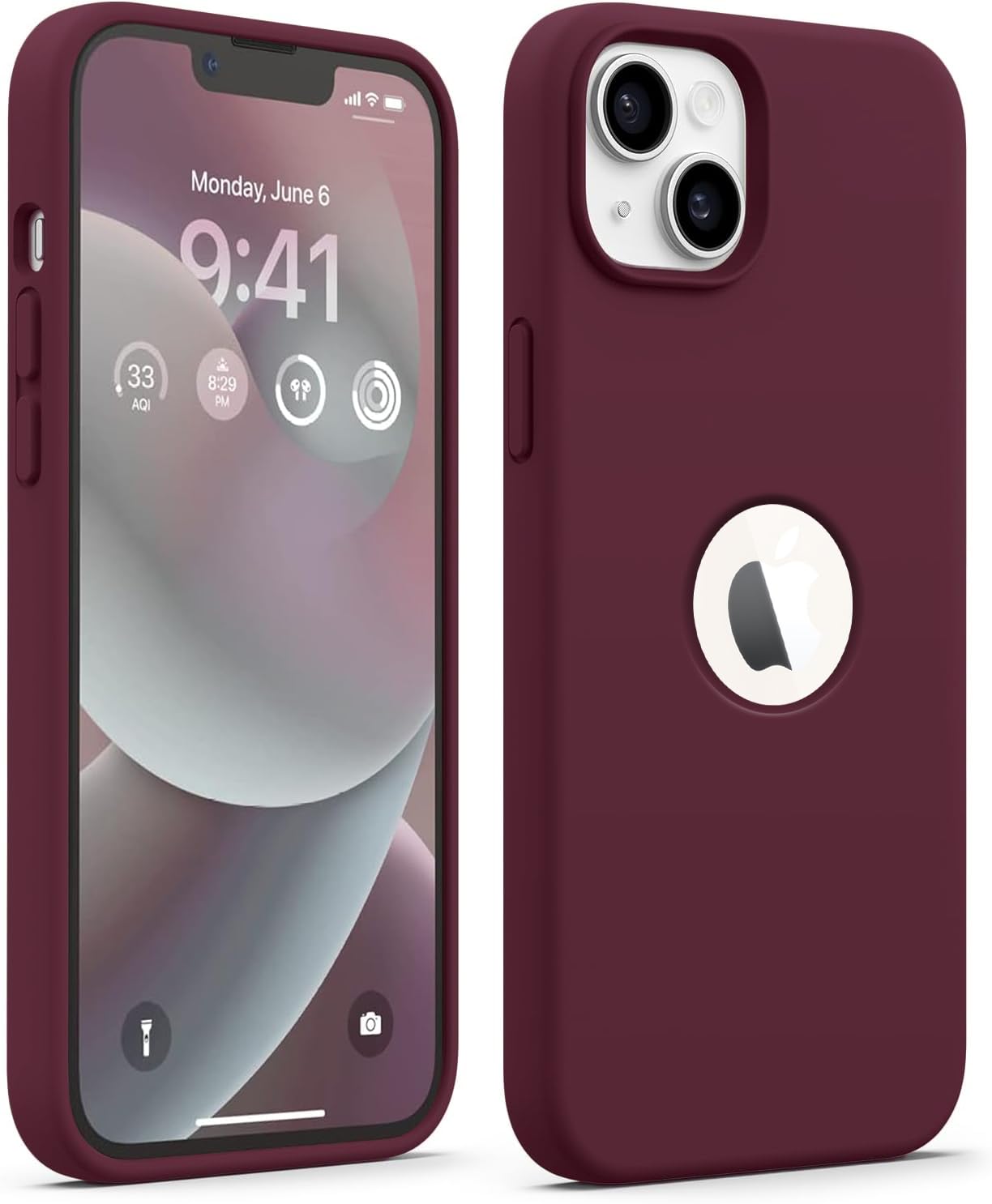 Elzzi Microfiber Logo Cut Cover Compatible for iPhone 13 Case Cushion Liquid Soft Silicone Gel Rubber Phone Cases Non-Slip Full Body Protective Shockproof Back Cover 6.1 inch, Maroon