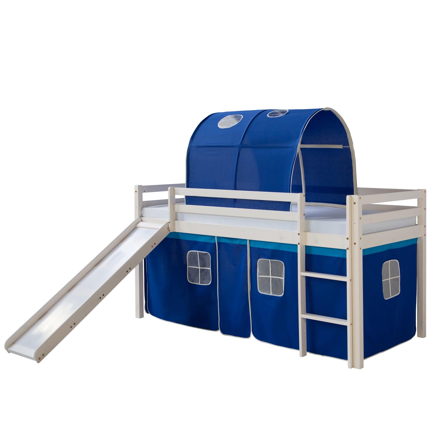 Homestyle4u Kinderhochbett 90x200 cm Weiß - Kiefer Spielbett mit Rutsche | Hochbett inklusive Lattenrost, Vorhang in Blau, Tunnel und Leiter. Massivholz Kiefer für das Kinderzimmer.