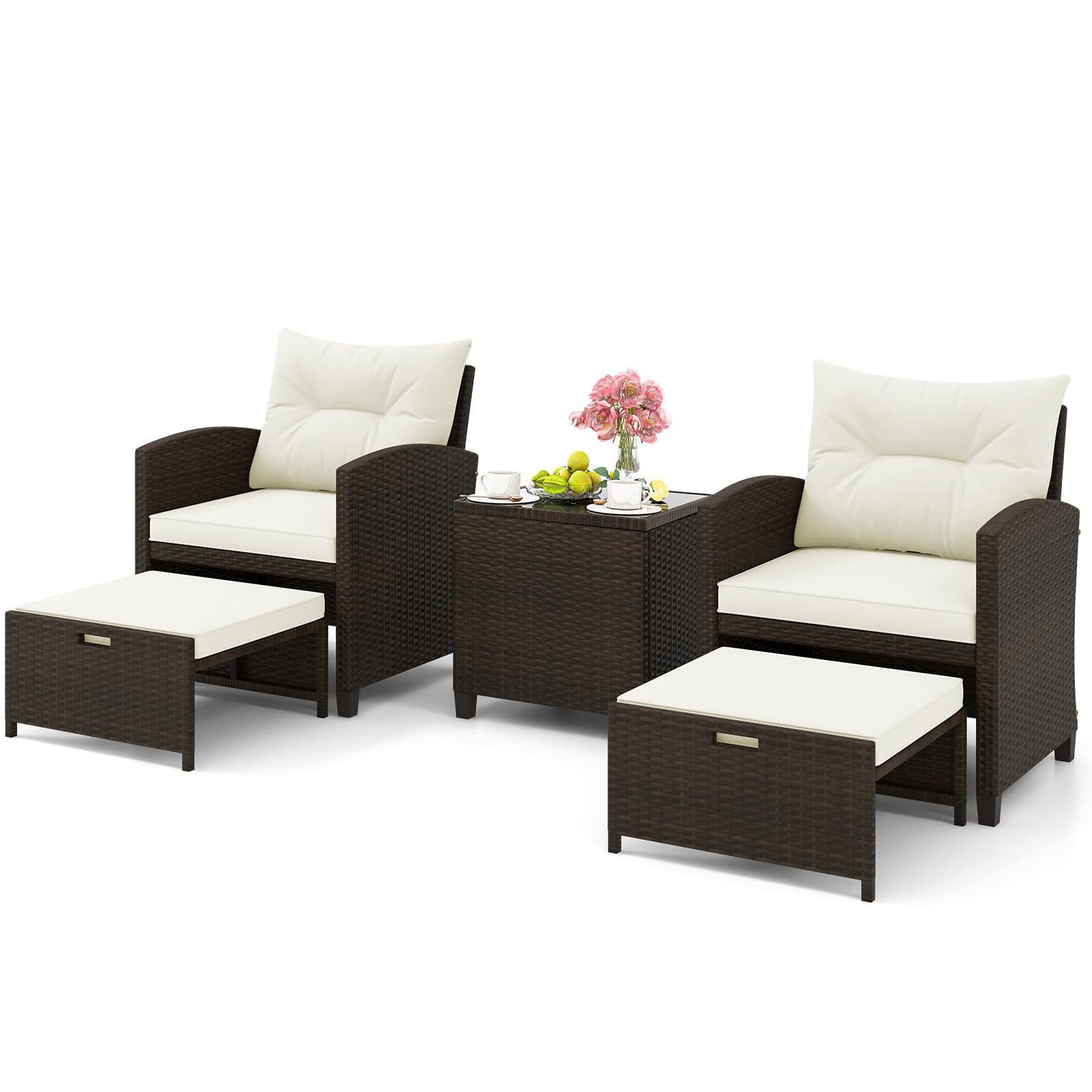 RELAX4LIFE 5-Piece Patio Wicker Furniture Set, Outdoor PE Rattan Conversation Set with 2 Ottomans & Tempered Glass Coffee Table, Garden Conservatory Sofa Chairs for Backyard Lawn (Off White+Mix Brown) — image 1
