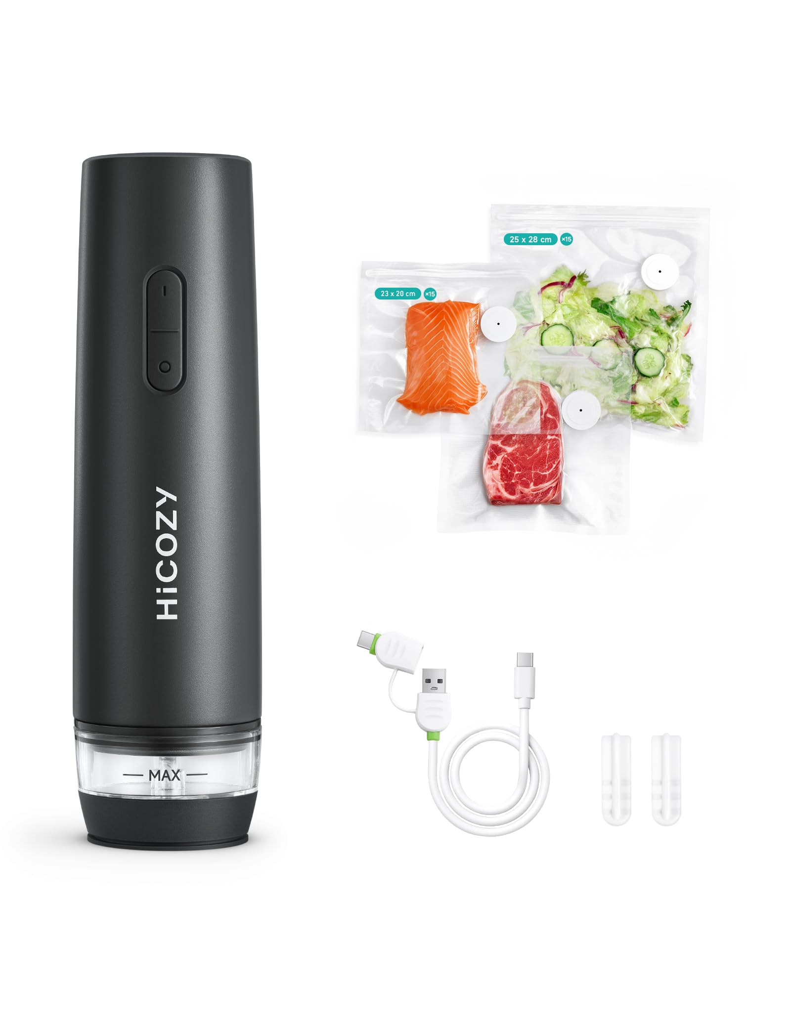 HiCOZY Macchina Sottovuoto Alimenti Portatile con Serbatoio Acqua Visibile, Sigillatrice Sottovuoto Compatta Include 30 Sacchetti Senza BPA, Sigillatura Freschezza con Un Tocco, Grigio