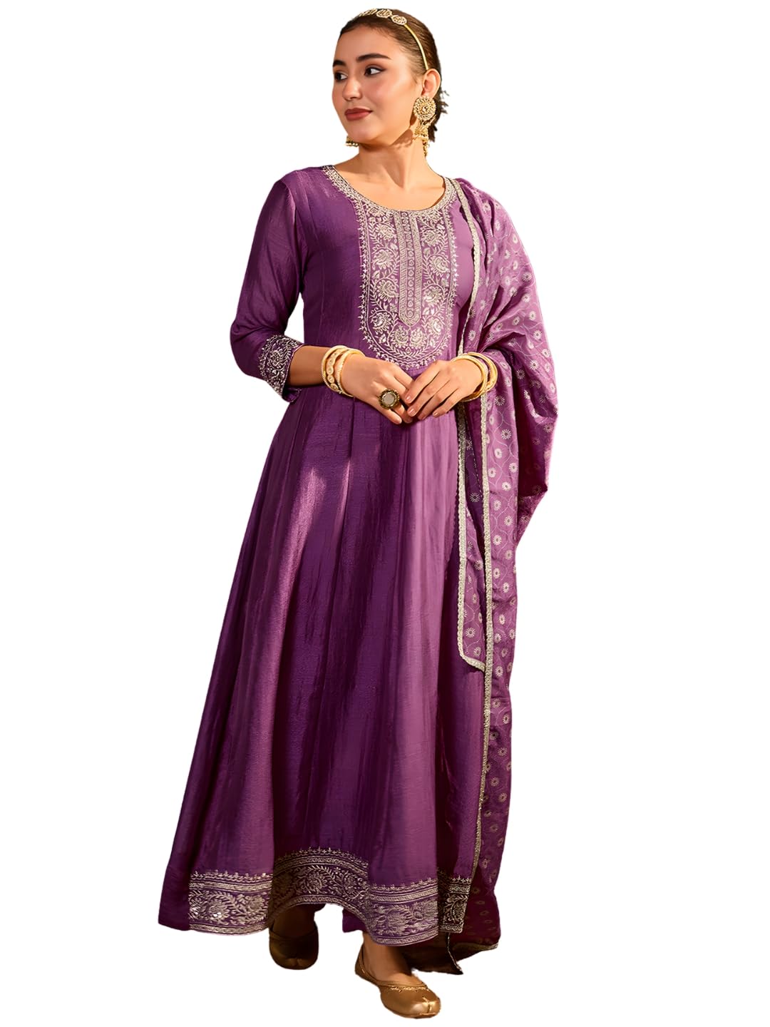 naixa Women's Vichitra Silk Embroidered Flared Kurta with Pant | Vichitra Silk Printed Dupatta Set | 3/4 Sleeve | Round Neck | Festive (Available in Plus Size)-picture-21