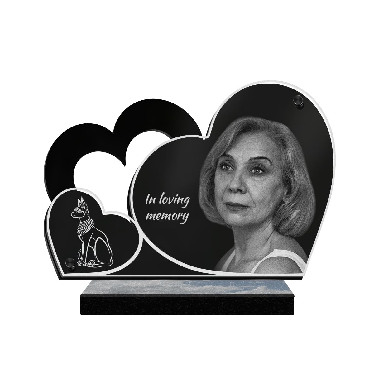 ETERNEL - Personalized Double Heart Bastet Memorial Plaque with Customizable Photo and Text, laser-engraved memorial plaque for tribute, cemetery plaque, mortuary, funerals, obsequies