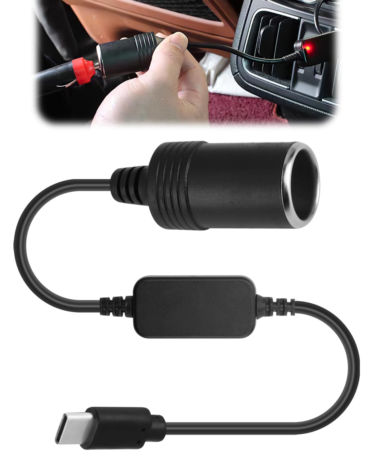 Adaptateur USB-C pour Allume-Cigare 12V Voiture,pour Enregistreur Embarqué | 60W - Prise USB-C vers Allume-Cigare,Rétroviseur avec Streaming, Radar de Vitesse, Éclairage d'Ambiance, DVR GPS