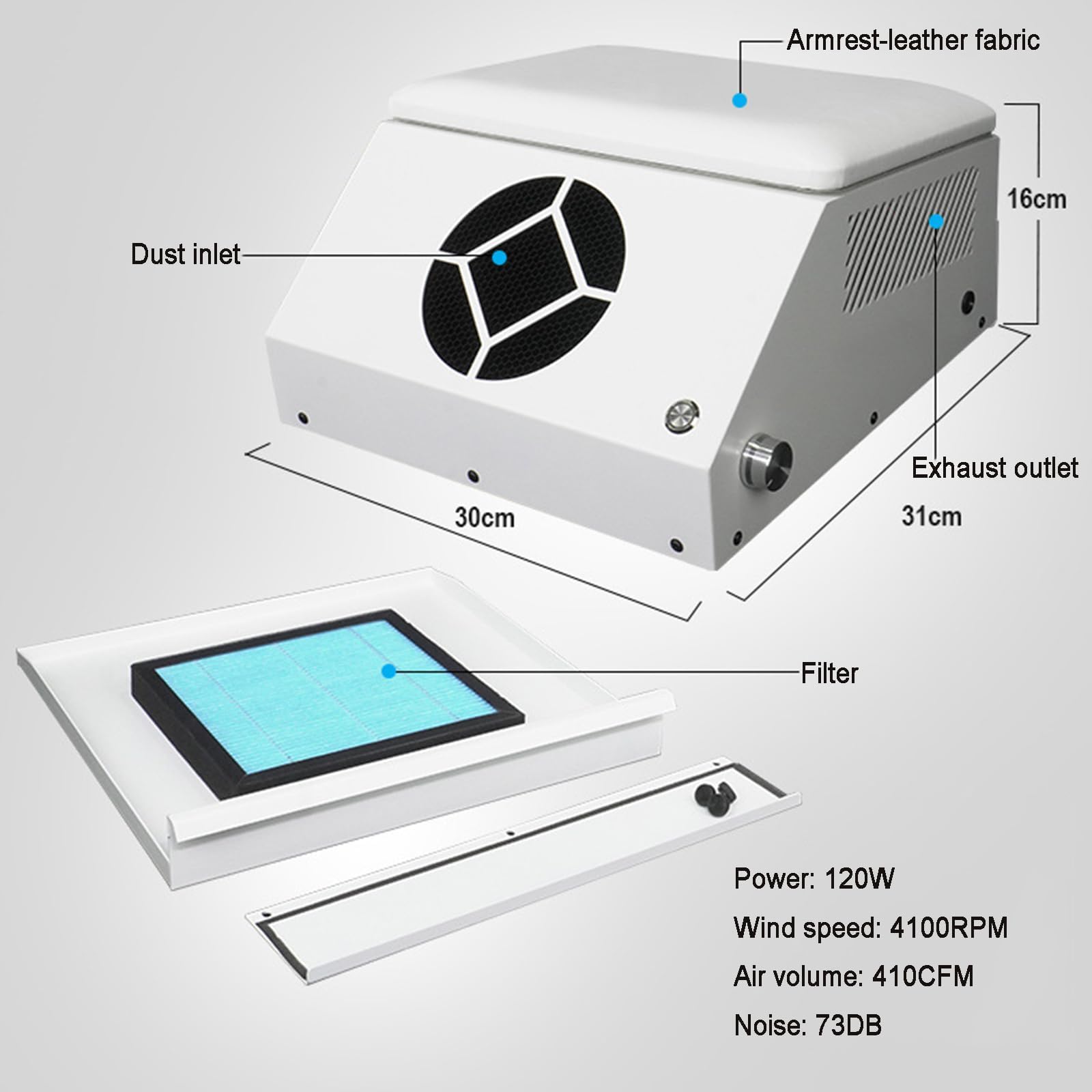 COYEUX Odkurzacz do odpylacza do paznokci 120 W, z filtrem wielokrotnego użytku, 4100 RPM, wysoka prędkość do polerowania paznokci żelowych akrylowych, salonów paznokci
