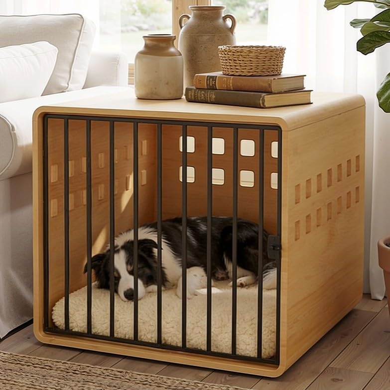 Solid Wooden Furniture Dog Crate for Medium & Small Dogs, Wooden Puppy Crate Table, Small Decorative Dog Kennel Indoor, Pet House End Table for Living Room, Bedroom Natural