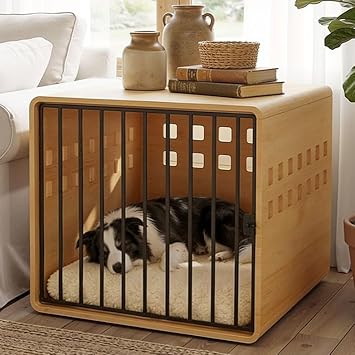 Solid Wooden Furniture Dog Crate for Medium & Small Dogs, Wooden Puppy Crate Table, Small Decorative Dog Kennel Indoor, Pet House End Table for Living Room, Bedroom Natural