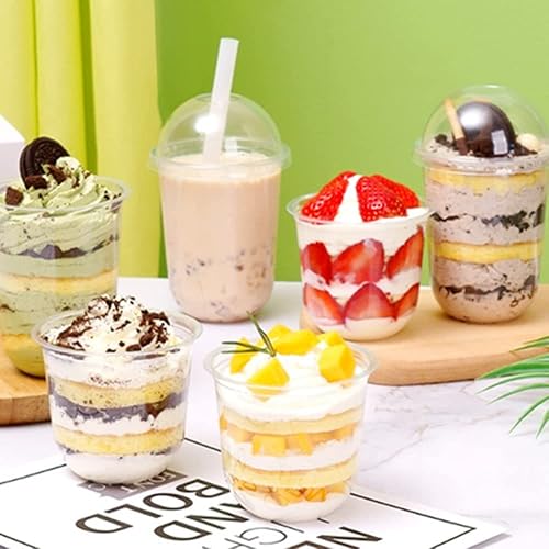 Miniatura 3 de Juego de 50 vasos de plástico transparente de 12 onzas con tapas de cúpula, sin agujeros y tenedores, vasos desechables para fiesta de postre para