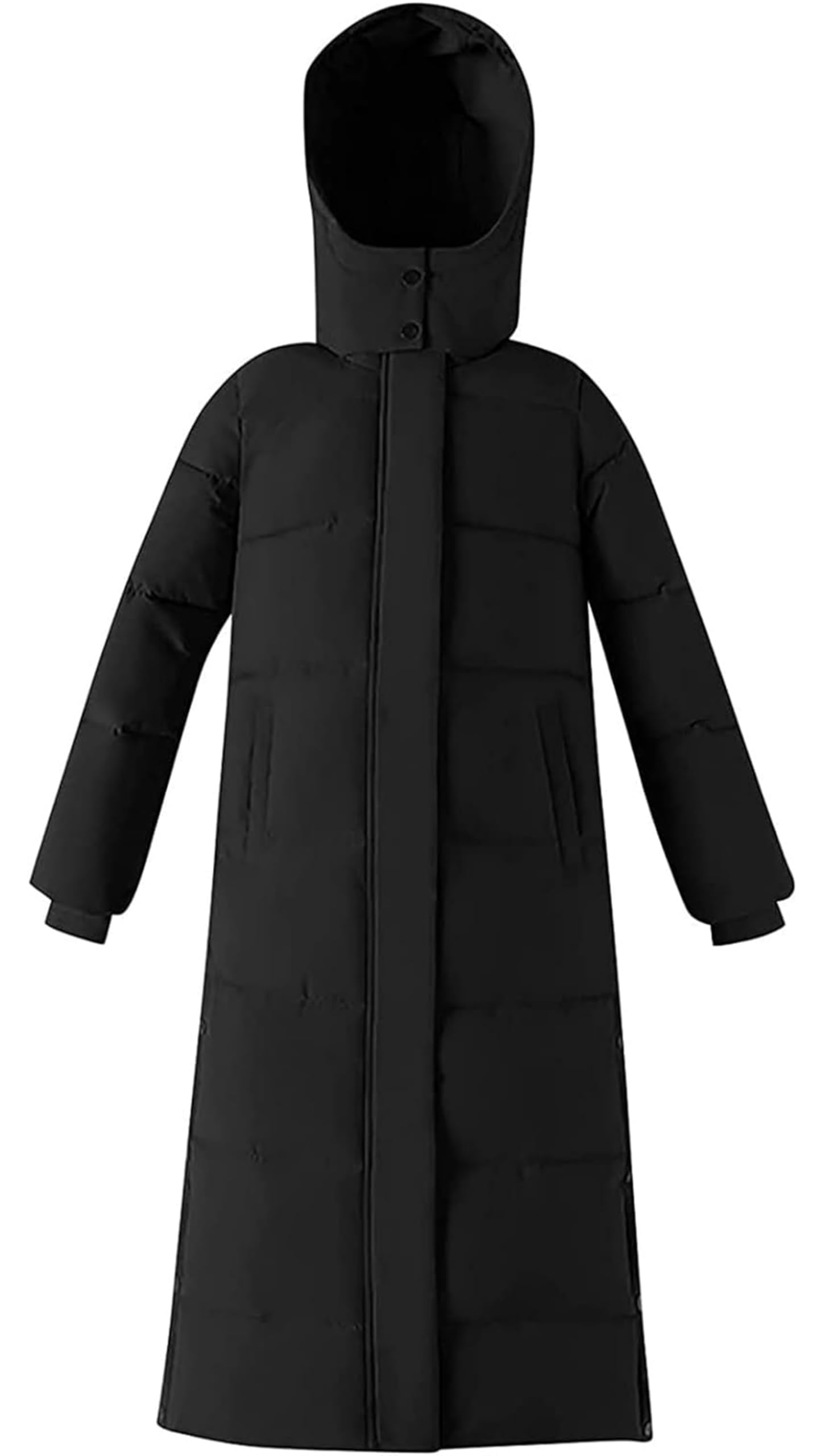 Piumino da Donna con Cappuccio Lungo, Cappotto Imbottito Caldo Invernale Giacca Invernale Monocromatica Piumino Trapuntato con Spacco alla Caviglia con Dolcevita,Nero,3XL