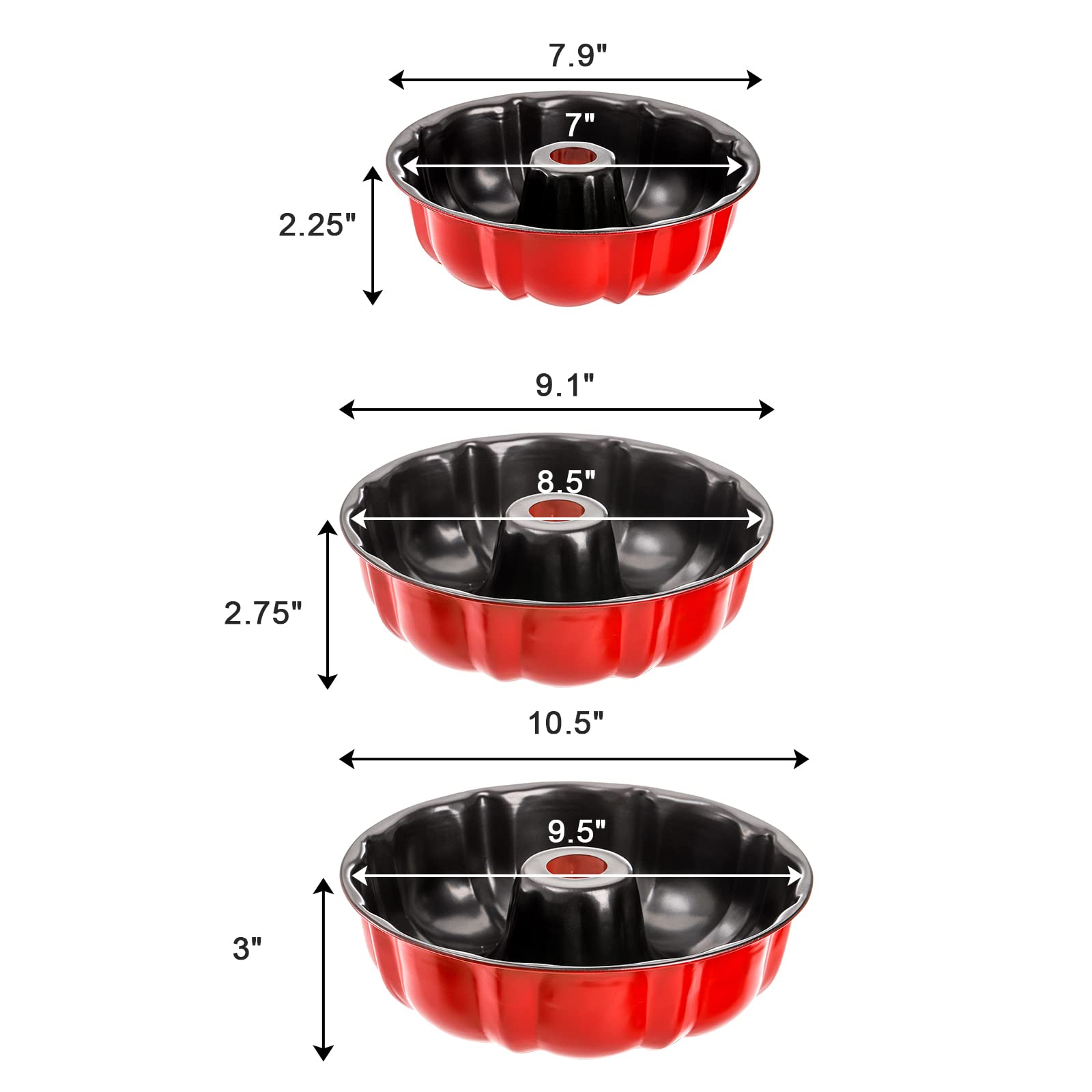Tosnail 3 Pack Non Stick Fluted Ring Cake Pan, Tube Pan Round Cake Pan Steel Baking Pan Instant Pot Bakeware - 7", 8.5", 9.5", Red - Image 2