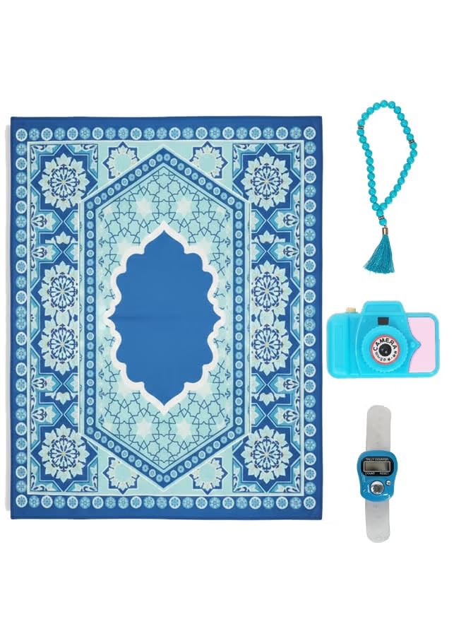 EpicArma 4-in-1 Kids Prayer Mat BlueIslamic Salah Rug with Tasbih Digital Finger Counter & Toy Camera Soft Lightweight Janamaz for Children Special Gift for Ramadan & Eid