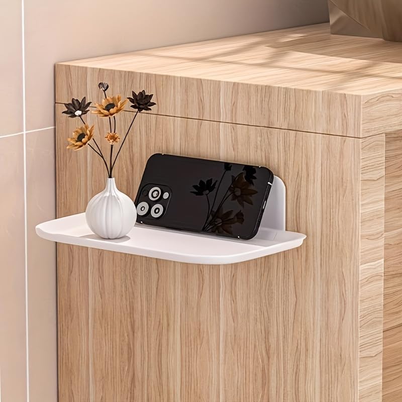 Folding Wall Mounted Storage Rack - No Drilling Space Saving Organizer with Multiple Compartments, White Plastic Floating Shelves for Bathroom Kitchen Bedroom Office, Hanging Storage Caddy for Home