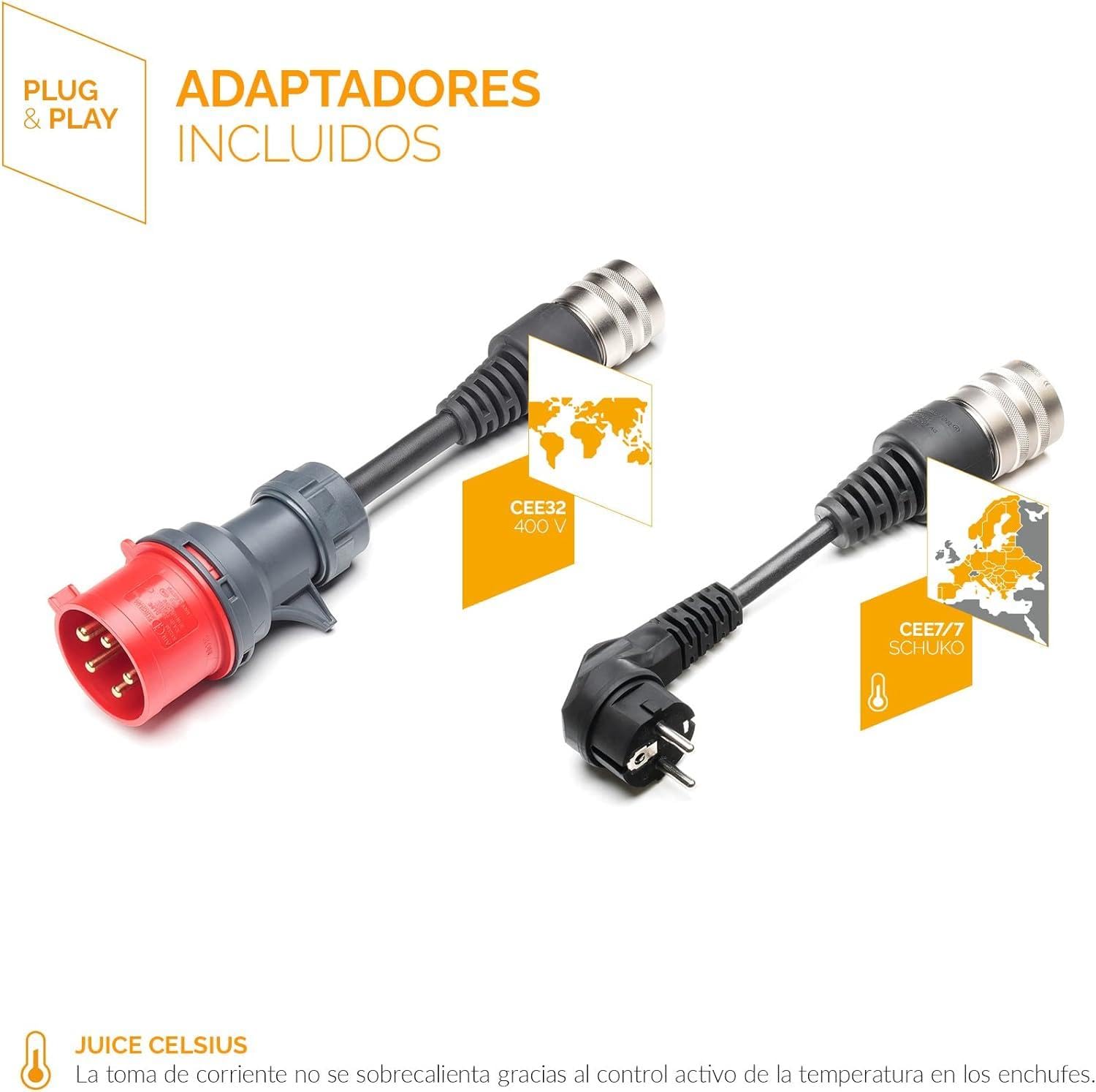 Juice Booster 2 Basic Set, Mobile Wallbox 22kW Sin Instalación, Cargador Coche Electrico con Cable Tipo 2, Ligero e Impermeable IP67, Incluye Adaptador CEE32 Rojo 3 Fases + EU Schuko